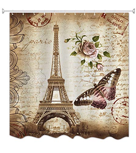 A.Monamour Braun Gefleckte Hintergründe Blumenschmetterling Paris Eiffelturm Postkarte Mit Stempeldruck Wasserdicht Mehltau Stoff Polyester Widerstandsfähiger Duschvorhang Für Bad 180X180 cm von A.Monamour