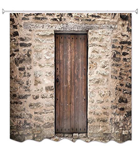 A.Monamour Duschvorhänge Alte Holztür Stein Ziegel Burg Wand Retro Architektur Fotografie Drucken Wasserdicht Mehltau Beständig Polyester Stoff Duschvorhang Für Badezimmer Badewannen 150X180 cm von A.Monamour