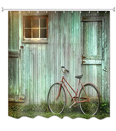 A.Monamour Duschvorhänge Altes Fahrrad Gelehnt Gegen Grunge Grüne Scheune Holzbretter Tür Retro Bild Druck Lang Verdicken Polyester Wasserdicht Mehltau Resistent Duschvorhang, Nicht Peva 150X180 cm von A.Monamour