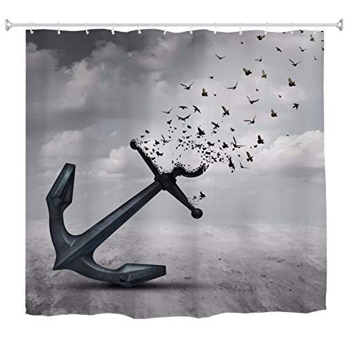 A.Monamour Duschvorhänge Anker Fliegende Vögel Grauer Hintergrund Kunstdruck Stoff Polyester Nicht Kunststoff PVC Wasserdicht Mouldproof Lange Verdickung Duschvorhang 180X180 cm / 72X72 Zoll von A.Monamour