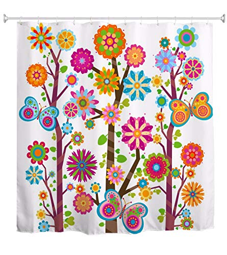 A.Monamour Duschvorhänge Bunte Wald Bäume Blumen Schmetterling Blumen Hintergrund Kinder Malerei Bild Wasserdicht Mehltau Resistent Stoff Bad Vorhang Duschvorhang Mit Haken Ringe 150X180 cm / 60"X72 von A.Monamour