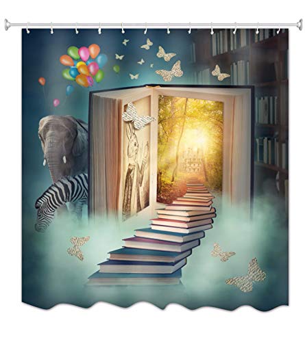 A.Monamour Duschvorhänge Fantasie Bibliothek Haus Buch Treppe Zum Märchen Verzauberte Schloss Elefant Zebra Schmetterlinge Drucken Wasserdicht Polyester Stoff Duschvorhang Für Kinder 180X180 cm von A.Monamour