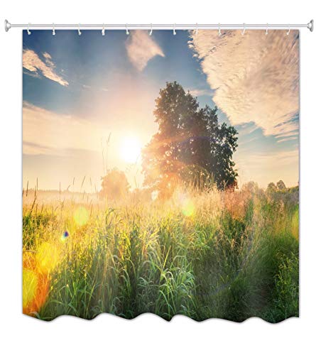 A.Monamour Duschvorhänge Sommer Morgen Sonnenaufgang Wiese Bäume Natur Landschaft Fotografie Gedruckt Wasserdicht Schimmel Resistent Polyester Stoff Duschvorhang Für Bad Zubehör 180X200 cm / 72"X78 von A.Monamour