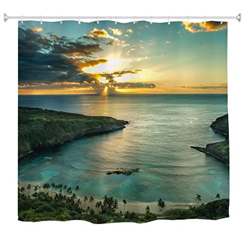 A.Monamour Duschvorhänge Sonnenaufgang Über Hanauma Bay Auf Oahu Hawaii Sonnen Durch Dunkle Wolken Naturlandschaft Lang Stoff Duschvorhang Set Mit Haken, Kein Liner Benötigt 180X200 cm von A.Monamour