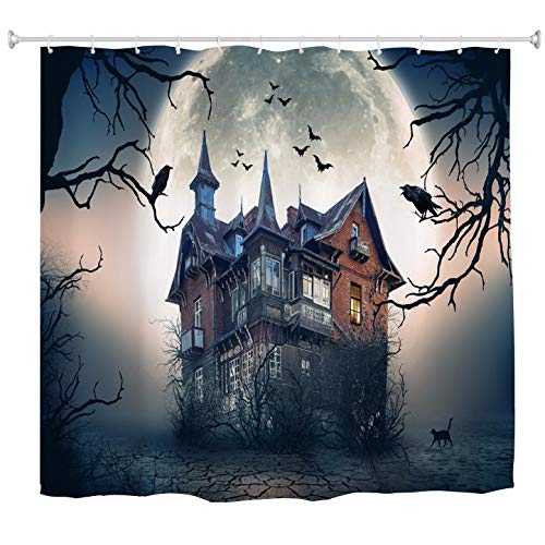 A.Monamour Duschvorhänge Spukhaus Fledermaus Krähe Fliegen In Dunklen Himmel Runden Mond Gothic Halloween Druck Wasserdicht Resistente Stoff Polyester Duschvorhang Mit Haken Für Badezimmer 180X200 cm von A.Monamour