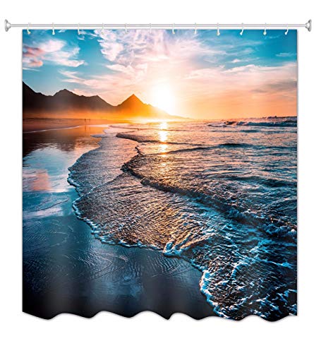 A.Monamour Duschvorhänge Tropischer Strand Sonnenuntergang Ozean Meer Wellen Blauer Himmel Weiße Wolken Berge Natur Druck Wasserdicht Polyester Stoff Duschvorhang Für Badezimmer Dekore 165X180 cm von A.Monamour