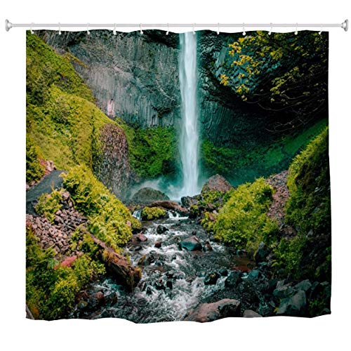 A.Monamour Duschvorhänge Wasserfall Fließender Strom Berg Grün Wald Natur Landschaft Bild Drucken Wasserdicht Mehltau Resistent Stoff Bad Vorhang Duschvorhang Mit Haken Ringe 180X200 cm / 72 "X 78" von A.Monamour