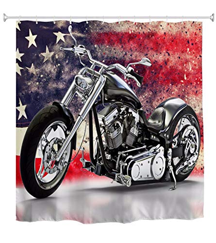 A.Monamour Duschvorhang 3D Schwarz Motorrad Mit Amerikanische Flagge Muster Abstrakte Kunst Hintergrund Wasserdichtes Gewebe Bad Vorhang Polyester Duschvorhang Mit Haken Ringe 180X200 cm / 72"X78 von A.Monamour