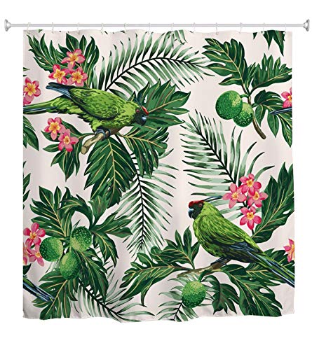 A.Monamour Duschvorhang Aquarell Handbemalte Papagei Vogel Grün Tropischen Palmblättern Obst Drucken Wasserdicht Lange Verdicken Stoff Polyester Duschvorhang Mit Haken 180X200 cm / 72 "X 78" von A.Monamour