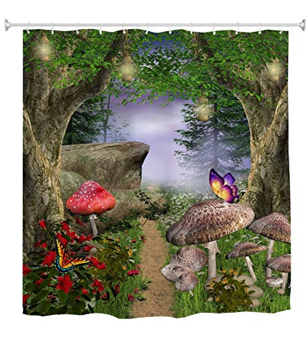 A.Monamour Duschvorhang Enchanted Magic Forest Pathway Bunte Pilz Schmetterling Märchen-Szene Wasserdichtes Polyester Stoff Duschvorhang Set Mit Haken Für Bad 180x200 cm / 72"x78" von A.Monamour