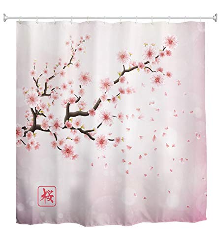 A.Monamour Duschvorhang Japan Kirsche Zweig Mit Blühenden Rosa Blumen Sakura Romantischen Blumen Hintergrund Wasserdichtem Polyester Duschvorhang Mit Haken Für Badezimmer 150X180 cm / 60"X72 von A.Monamour