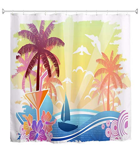 A.Monamour Duschvorhang Tropische Insel Blau Ozean Strand Palm Tree Silhouette Natur Landschaft Bild Drucken Wasserdicht Polyester Duschvorhang Set Mit Haken Für Bad 180X200 cm / 72"X78 von A.Monamour