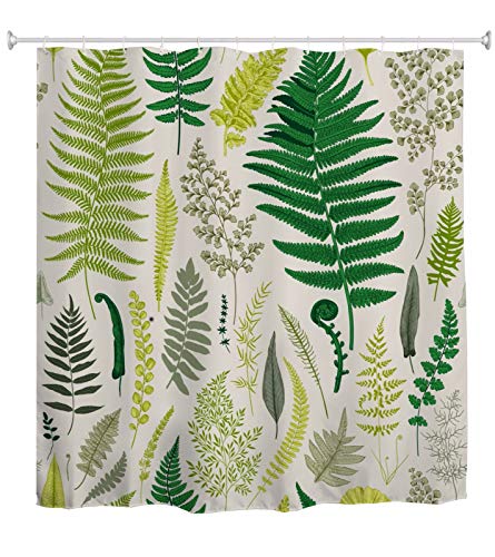 A.Monamour Duschvorhang Vintage Grüne Farne Pflanzen Blätter Botanische Muster Hintergründe Drucken Wasserdichtes Gewebe Bad Vorhang Polyester Duschvorhang Mit Haken Ringe 150x180 cm / 60"x 72" von A.Monamour