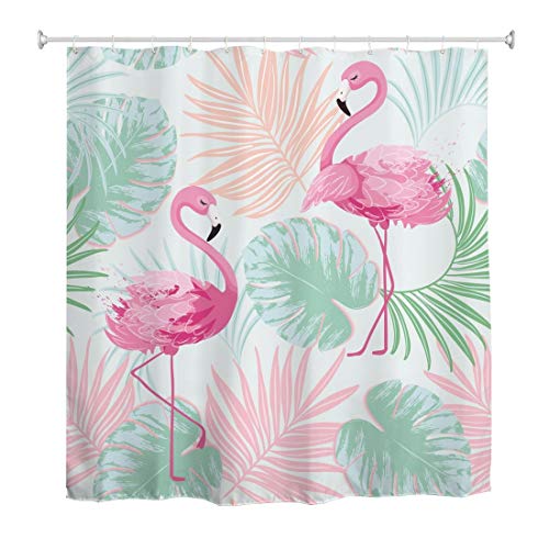 A.Monamour Duschvorhang Wasserdicht Antischimmel Waschbar Stoff Aquarell Flamingo Tropischen Rosa Grünen Palme Monstera Blätter Textil Polyester Badezimmer Bad Badewanne Vorhang mit Haken 180x200cm von A.Monamour