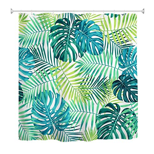 A.Monamour Duschvorhang Wasserdicht Antischimmel Waschbar Stoff Grün Blaue Tropische Pflanzen Palme Monstera Blätter Textil Polyester Badezimmer Bad Badewanne Vorhang mit Haken 165x180cm von A.Monamour