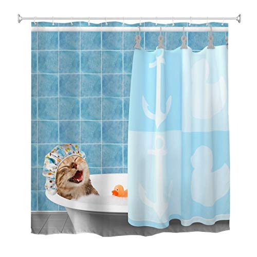 A.Monamour Duschvorhang Wasserdicht Antischimmel Waschbar Stoff Lustige Katze Die EIN Bad In Der Badewanne Spielzeugente Nimmt Textil Polyester Badezimmer Bad Badewanne Vorhang mit Haken 150x180cm von A.Monamour