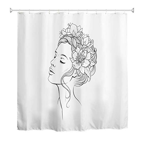 A.Monamour Duschvorhang Wasserdicht Antischimmel Waschbar Stoff Schwarz Weiss Skizzen Zeichnungen Portrait Einer Frau Mit Blumen Textil Polyester Badezimmer Bad Badewanne Vorhang mit Haken 150x180cm von A.Monamour