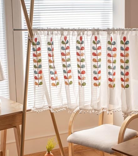 A.Monamour Gardine Scheibengardinen Kurzstores Bunte Blätter Stickerei Weißer Voile Tüll Transparent Kurzvorhang Kurzgardinen Küchengardine Küche Vorhang Fenster Kurz Stores Bistrogardine von A.Monamour