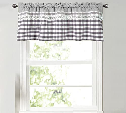 A.Monamour Gardine Scheibengardinen Kurzstores Landhaus Grau Kariert Plaid Gingham Muster mit weißer Spitze Blickdicht Kurzvorhang Küchenvorhang Küche Vorhang Fenster Kurz Stores Bistrogardine von A.Monamour