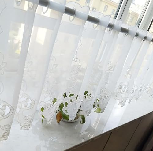 A.Monamour Gardine Scheibengardinen Kurzstores Weißer Transparent Voile Hohler Schwan Stickerei Öse Café Kurzvorhang Kurzgardinen Küchengardine Volants Küche Fenster Cafe Kurz Vorhang Bistrogardine von A.Monamour