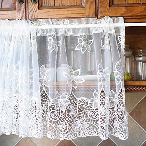 A.Monamour Gardine Scheibengardinen Kurzstores Weißer Transparenter Voile Hohle Florale Stickerei Spitze Kurzgardinen Küchengardine Küchenvorhang Küche Vorhang Fenster Kurz Stores Bistrogardine von A.Monamour