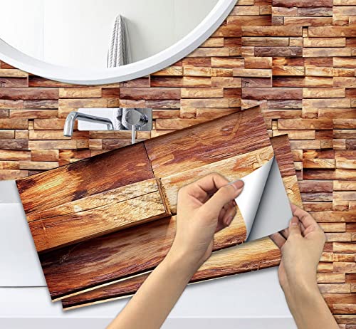 A.Monamour Selbstklebend PVC Klebefliesen Fliesenaufkleber 3D Fliesen Holzoptik Wasserdicht Wand Folie Deko Fliesenfolie Klebefolie Fliesensticker Treppe Aufkleber für Küche Bad Backsplash 15cmx30cm von A.Monamour