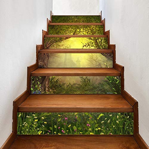 A.Monamour Treppenaufkleber Selbstklebend 3D Feen Wald Alte Bäume Verzauberte Burg Im Hintergrund Vinyl Wasserdicht Treppe Aufkleber Fliesenaufkleber Abziehbilder Wandaufkleber Wandtattoos 6 Stücke von A.Monamour