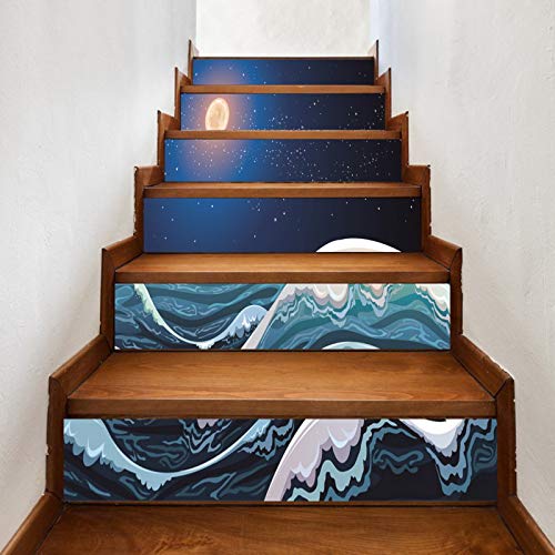 A.Monamour Treppenaufkleber Selbstklebend 3D Nachtmeer Mit Wellen Sternenhimmel Vollmond Ozeansturm Vinyl Wasserdicht Treppe Aufkleber Fliesenaufkleber Abziehbilder Wandaufkleber Wandtattoos 6 Stücke von A.Monamour