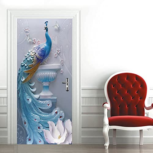 A.Monamour Türtapete Selbstklebend Türfolie Türposter 3D Blauer Pfau Mit Blumen Vinyl Folie Türdeko Tapete Wandbild Türaufkleber Türtattoo 95x215cm von A.Monamour