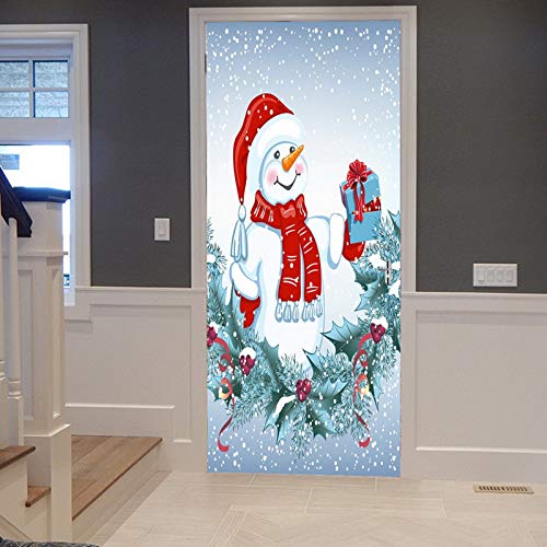 A.Monamour Türtapete Selbstklebend Türfolie Türposter 3D Bullfinch Vögel Kiefernkranz Schneemann Mit Geschenk Box Weihnachten Vinyl Folie Türdeko Tapete Wandbild Türaufkleber Türtattoo 90 x 200 cm von A.Monamour