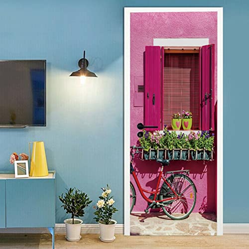 A.Monamour Türtapete Selbstklebend Türfolie Türposter 3D Ein Rosa Fenster Mit Blumen Auf Der Venezianischen Insel Burano In Italien Vinyl Folie Türdeko Tapete Wandbild Türaufkleber 90 x 200 cm von A.Monamour