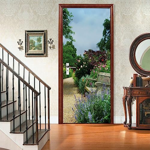 A.Monamour Türtapete Selbstklebend Türfolie Türposter 3D Eine Bank Und Blumenbäume Am Morgen In Einer Park Garten Landschaft Vinyl Folie Türdeko Tapete Wandbild Türaufkleber Türtattoo 77x200cm von A.Monamour