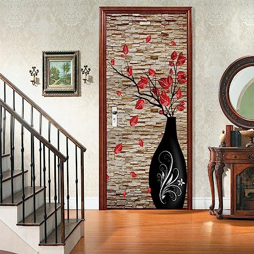 A.Monamour Türtapete Selbstklebend Türfolie Türposter 3D Eine Schwarze Vase Mit Roten Blättern Vor Einer Ziegelwand Abstrakte Moderne Kunst Vinyl Folie Tapete Wandbild Türaufkleber Türtattoo 77x200cm von A.Monamour
