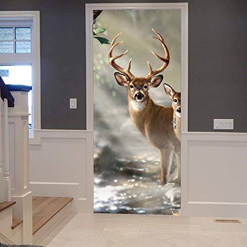 A.Monamour Türtapete Selbstklebend Türfolie Türposter 3D Elch Hirsch Nebligen Wald Wildtiere Vinyl Folie Türdeko Tapete Wandbild Türaufkleber Türtattoo 77 x 200 cm von A.Monamour