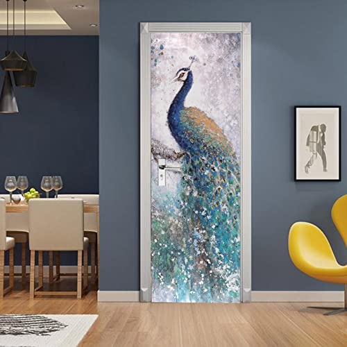 A.Monamour Türtapete Selbstklebend Türfolie Türposter 3D Eleganter Pfau Im Ölgemäldestil Vinyl Folie Türdeko Tapete Wandbild Türaufkleber Türtattoo 85x215cm von A.Monamour