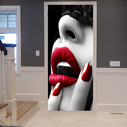 A.Monamour Türtapete Selbstklebend Türfolie Türposter 3D Frau Schwarzer Spitze Über Den Augen Rote Nägel Sexy Lippen Offener Mund Vinyl Folie Türdeko Tapete Wandbild Türaufkleber Türtattoo 77 x 200 cm von A.Monamour