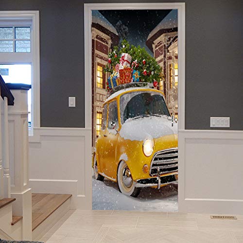 A.Monamour Türtapete Selbstklebend Türfolie Türposter 3D Gelbes Retro-Auto Das Weihnachtsbaum Weihnachtsnacht Trägt Weihnachten Vinyl Folie Türdeko Tapete Wandbild Türaufkleber Türtattoo 90 x 200 cm von A.Monamour