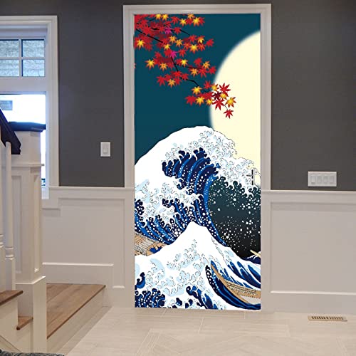 A.Monamour Türtapete Selbstklebend Türfolie Türposter 3D Große Welle Und Vollmond Im Japanischen Stil Vinyl Folie Türdeko Tapete Wandbild Türaufkleber Türtattoo 77x200cm von A.Monamour