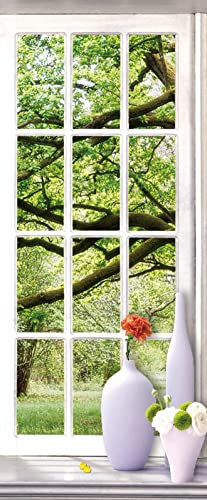 A.Monamour Türtapete Selbstklebend Türfolie Türposter 3D Grüne Bäume Wald Landschaft Durch Fenster Vinyl Folie Türdeko Tapete Wandbild Türaufkleber Türtattoo 77 x 200 cm von A.Monamour