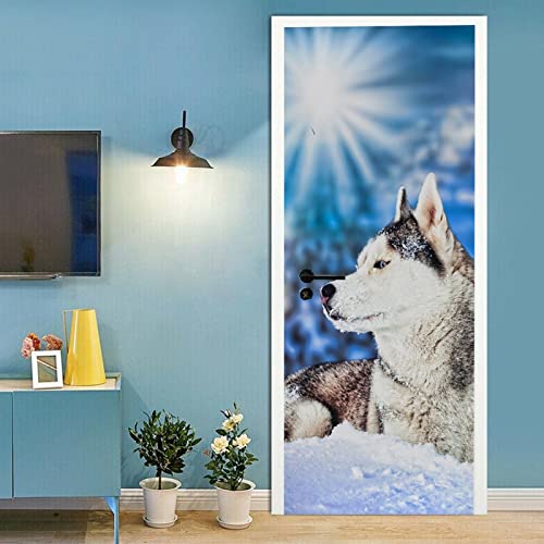 A.Monamour Türtapete Selbstklebend Türfolie Türposter 3D Heiserer Hund Auf Schneetierthema Vinyl Folie Türdeko Tapete Wandbild Türaufkleber Türtattoo 77 x 200 cm von A.Monamour