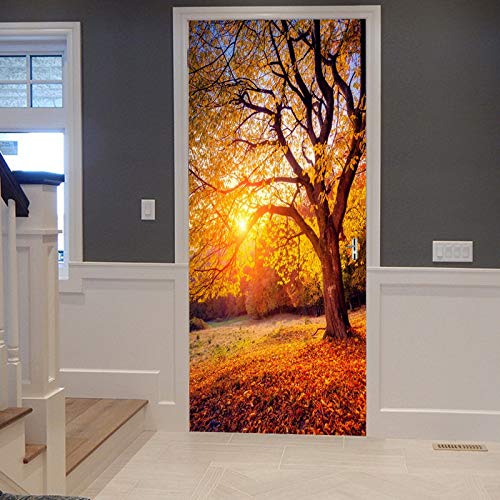 A.Monamour Türtapete Selbstklebend Türfolie Türposter 3D Herbst Buche Gefallen Goldgelb Blätter Natur Sonnenuntergang Vinyl Folie Türdeko Tapete Wandbild Türaufkleber Türtattoo 90 x 200 cm von A.Monamour