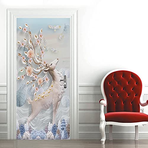 A.Monamour Türtapete Selbstklebend Türfolie Türposter 3D Hirsch Mit Blühenden Hörnern Vögel Blumen Bäume Im Hintergrund Vinyl Folie Türdeko Tapete Wandbild Türaufkleber Türtattoo 90 x 200 cm von A.Monamour