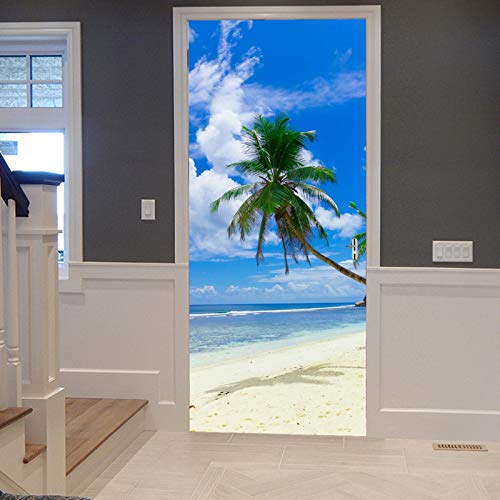 A.Monamour Türtapete Selbstklebend Türfolie Türposter 3D Kokospalme Sandstrand Blauer Ozean Weiße Wolken Natur Vinyl Folie Türdeko Tapete Wandbild Türaufkleber Türtattoo 90 x 200 cm von A.Monamour