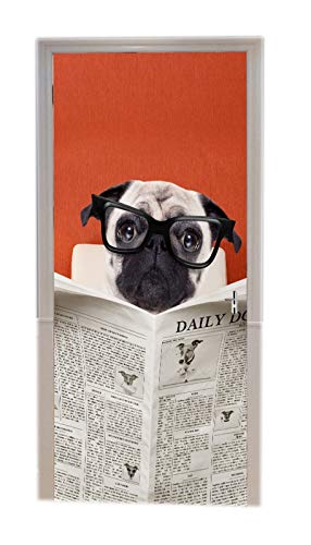 A.Monamour Türtapete Selbstklebend Türfolie Türposter 3D Lustig Pug Hunde Lesezeitungs Auf Einem Stuhl Tier Vinyl Folie Türdeko Tapete Wandbild Türaufkleber Türtattoo 77 x 200 cm von A.Monamour