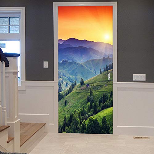 A.Monamour Türtapete Selbstklebend Türfolie Türposter 3D Majestätische Sonnenuntergangs Berge Grüne Wald Bäume Naturlandschaft Vinyl Folie Türdeko Tapete Wandbild Türaufkleber Türtattoo 77 x 200 cm von A.Monamour