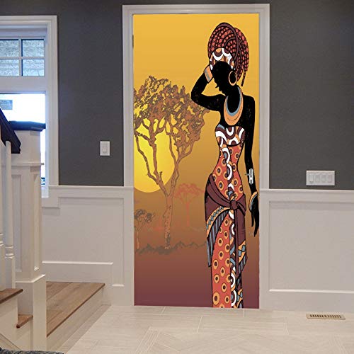 A.Monamour Türtapete Selbstklebend Türfolie Türposter 3D Orange Gelbe Traditionelle Afrikanische Frau Schattenbild In Der Wüste Vinyl Folie Türdeko Tapete Wandbild Türaufkleber Türtattoo 83 x 204 cm von A.Monamour