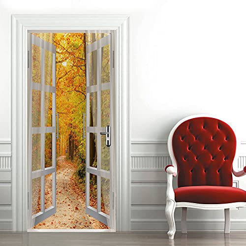 A.Monamour Türtapete Selbstklebend Türfolie Türposter 3D Orange Herbstliche Wald Landschaft Durch Offenes Fenster Vinyl Folie Türdeko Tapete Wandbild Türaufkleber Türtattoo 85 x 200 cm von A.Monamour