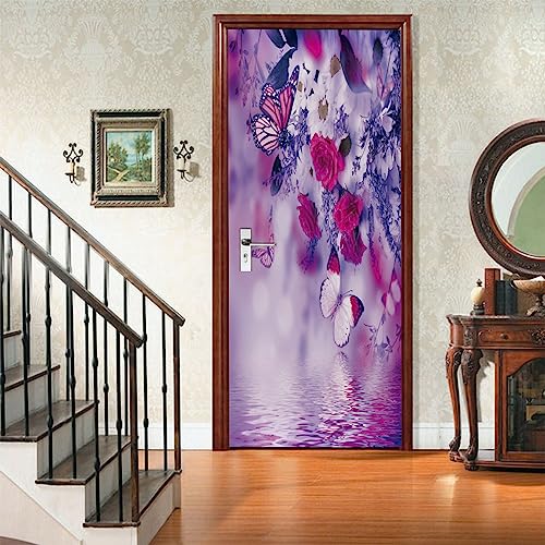 A.Monamour Türtapete Selbstklebend Türfolie Türposter 3D Rot Weiße Blumen Und Schmetterlinge Vinyl Folie Türdeko Tapete Wandbild Türaufkleber Türtattoo 85x200cm von A.Monamour