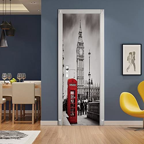 A.Monamour Türtapete Selbstklebend Türfolie Türposter 3D Rote Telefonzelle Und Big Ben In London Schwarz Und Weiß Vinyl Folie Türdeko Tapete Wandbild Türaufkleber Türtattoo 90x200cm von A.Monamour