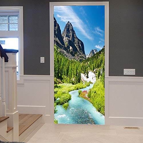 A.Monamour Türtapete Selbstklebend Türfolie Türposter 3D Sommer Grüne Wald Bäume Blaue Fluss Wasser Gebirgs Berg Landschaft Vinyl Folie Türdeko Tapete Wandbild Türaufkleber Türtattoo 90 x 200 cm von A.Monamour